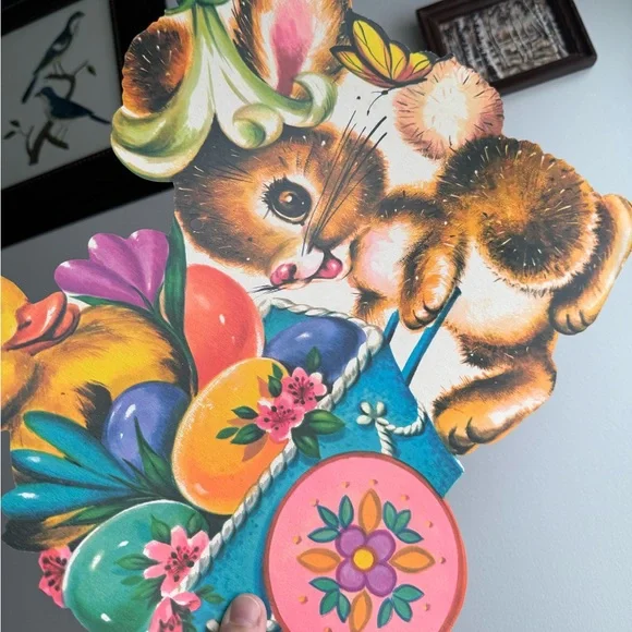 Vintage Easter Bunny Chick Egg Basket Die Cut USA Made Holiday Wall Ephemera - Picture 9 of 15